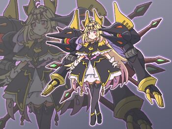 Rule 34 | 1girl, antenna hair, black bow, black capelet, black dress, blonde hair, bow, brooch, capelet, closed mouth, code geass, commentary request, cure arcana shadow, dress, echieichi, gawain (code geass), gradient hair, hair bow, hair intakes, heart, heart brooch, highres, jewelry, knightmare frame, long hair, magical girl, mecha, mecha musume, meitantei precure!, moria luluka, multicolored hair, precure, purple eyes, purple veil, robot, solo, veil, weapon, wrist cuffs, zoom layer