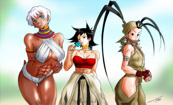 Rule 34 | 3girls, abs, antenna hair, armor, arms behind back, artist name, bandages, bandana, bare shoulders, belt, bikini, black belt, black hair, blue eyes, breasts, brown hair, choker, cleavage, clothing cutout, commentary, dark-skinned female, dark skin, dougi, earrings, elena (street fighter), english commentary, food, gloves, grey hair, hair pulled back, head tilt, height difference, hellstinger6, high ponytail, highres, hip vent, holding, holding food, holding popsicle, hoop earrings, ibuki (street fighter), japanese armor, jewelry, karate gi, kote, large breasts, leaning forward, light smile, long hair, looking to the side, makoto (street fighter), martial arts belt, mask, medium breasts, midriff, motoyui, mouth mask, multiple girls, muscular, muscular female, navel, ninja, ninja mask, panties, pantyshot, ponytail, popsicle, red tube top, ribbon, ribbon choker, shiny skin, short hair, solo, strapless, street fighter, street fighter iii (series), sweat, swimsuit, tall female, thick thighs, thighs, tube top, underboob, underwear, very dark skin, white bikini, wrist wrap, yellow ribbon