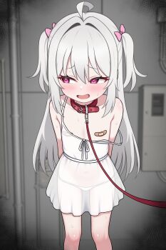 1girl absurdres ahoge bandaid bandaids_on_nipples blush bow collar commentary commission dress english_commentary flat_chest highres leash loli long_hair open_mouth original panties pasties pink_bow see-through_clothes solo two_side_up underwear white_dress white_hair white_panties zing_(z_z_zing)