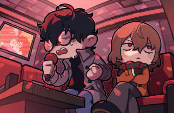 2boys akechi_gorou amamiya_ren ameshino black-framed_eyewear black_gloves black_hair black_shirt black_shoes blue_pants blush_stickers brown_coat coat collared_coat crossed_arms denim double-parted_bangs eyelashes glasses gloves grey_coat grey_pants hair_between_eyes hashtag-only_commentary highres holding holding_microphone jeans karaoke layered_sleeves male_focus medium_hair microphone multiple_boys open_mouth pants persona persona_5 red_eyes rolling_eyes round_eyewear scarf shirt shoes short_hair sitting sweat table teeth tongue turtleneck upper_teeth_only wing_collar