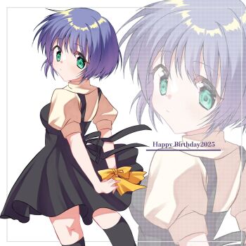 Rule 34 | 1girl, air (visual novel), arms behind back, back bow, black dress, black thighhighs, blue hair, blush, bow, dress, from behind, green eyes, happy birthday, highres, kazemidori, kirishima kano, looking at viewer, looking back, pinafore dress, projected inset, puffy short sleeves, puffy sleeves, ribbon, shirt, short hair, short sleeves, sleeveless, sleeveless dress, solo, thighhighs, white shirt, wrist ribbon, yellow ribbon