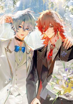 2boys absurdres antenna_hair black_choker black_jacket black_pants blonde_hair blue_bow blue_bowtie blue_eyes bouquet bow bowtie braid chinese_commentary choker collared_shirt commentary_request earrings facial_tattoo flower gold_earrings gradient_hair hand_on_another&#039;s_shoulder highres holding holding_bouquet honkai:_star_rail honkai_(series) jacket jewelry male_focus medium_hair multicolored_hair multiple_boys mydei_(honkai:_star_rail) neck_tattoo necktie pants parted_bangs phainon_(honkai:_star_rail) qiaose33912 red_hair red_necktie red_tattoo shirt short_hair side_braid sun_symbol sun_tattoo tan tattoo veil white_hair white_jacket white_pants white_shirt white_veil yellow_eyes