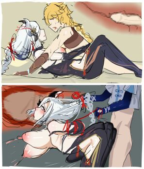 1boy 1girl 2boys absurdres aether_(genshin_impact) aunt_and_nephew big_breasts breasts censored chongyun_(genshin_impact) cum cum_in_pussy doggystyle eyeless_male from_behind fucking genshin_impact h22t haat hair_over_one_eye highres huge_breasts hvvt incest inflation large_breasts large_penis missionary mosaic_censoring multiple_boys netorare nipples penis pussy sex sex_from_behind shenhe_(genshin_impact) size_difference source_request standing standing_sex thick_thighs thighs vaginal x-ray