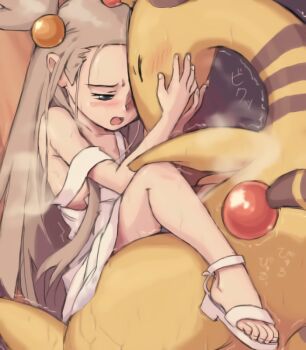 1girl ampharos bad_link bestiality blush brown_hair couple cum dress feet flat_chest from_side gen_2_pokemon girl_on_top gym_leader happy_sex hetero implied_sex jasmine_(pokemon) long_hair mimolette_(mimo) nintendo open_mouth petite pokemon pokemon_(creature) pokemon_gsc pokephilia sandals sex strap_slip toes vaginal