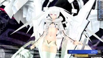 10s animated animated_gif arm_cannon ass bikini bikini_top_only black_rock_shooter black_rock_shooter_(game) boots long_hair lowres midriff navel purple_eyes shorts swimsuit weapon white_hair white_rock_shooter wings