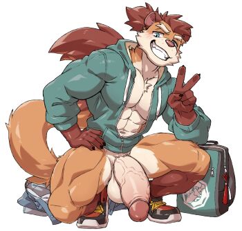1boy abs animal_ears backpack bag bara blush choi_yuhee_(xxl) claws clothes_on_floor commentary english_commentary flaccid furry furry_male grin hand_on_own_hip highres hood hood_down hooded_jacket jacket looking_at_viewer male_focus muscular muscular_male no_male_underwear no_pants open_clothes open_jacket pants pawpads pectorals penis ponytail smile squatting tail testicles unworn_backpack unworn_bag unworn_pants utakoloid_(myiko) v weasel_boy weasel_ears weasel_tail white_background xxl_woofia