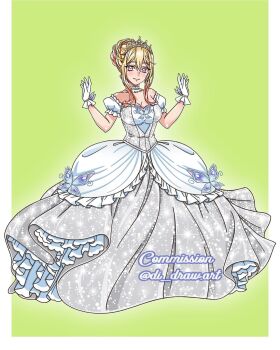 1girl blonde_hair braid braided_bun breasts butterfly_ornament choker cinderella_(2015) cinderella_(disney_character) cinderella_(disney_character)_(cosplay) cleavage commentary commission cosplay detached_sleeves di_draw.art dress english_commentary frilled_dress frills full_body gloves green_background hair_bun highres kitagawa_marin large_breasts long_dress pink_hair puffy_detached_sleeves puffy_short_sleeves puffy_sleeves short_sleeves sidelocks smile solo sono_bisque_doll_wa_koi_wo_suru watermark white_choker white_gloves