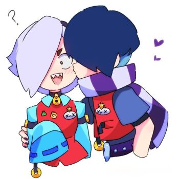 1boy 1girl :d ? annabird2520 blue_hair blush brawl_stars colette_(brawl_stars) hair_over_one_eye heart kiss kissing_cheek non-web_source open_mouth purple_nails scarf sharp_teeth short_sleeves smile striped_clothes striped_scarf surprise_kiss surprised teeth upper_body vest white_hair