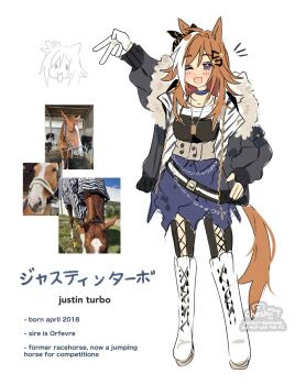 1girl animal_ears artist_name asymmetrical_gloves asymmetrical_hair belt belt_buckle black_belt black_bow black_gloves black_pantyhose black_tank_top blue_choker blue_skirt boots bow brown_hair buckle chain_belt character_name cheshirette choker coat commentary corset cross-laced_pantyhose dog_tags ear_bow english_commentary english_text eyelashes fingerless_gloves floral_print full_body fur-trimmed_coat fur_trim gloves gold_buckle grey_coat grey_corset hair_between_eyes hair_ornament hairclip hand_on_own_hip happy head_only highres horse horse_ears horse_girl horse_tail justin_turbo_(racehorse) knee_boots lace-up_boots layered_shirt light_blush long_hair long_sleeves miniskirt mismatched_gloves multicolored_hair multiple_belts multiple_views notice_lines one_eye_closed open_clothes open_coat open_mouth original pantyhose personification print_bow purple_eyes reference_inset shirt simple_background single_fingerless_glove skirt smile spaghetti_strap streaked_hair tail tank_top torn_clothes torn_skirt umamusume watermark white_background white_boots white_gloves white_shirt