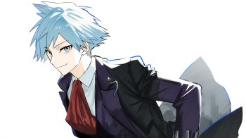 1boy ascot black_coat blue_eyes blue_hair closed_mouth coat collared_shirt commentary_request highres korean_commentary lapels long_sleeves looking_at_viewer male_focus nintendo open_clothes open_coat parted_bangs pokemon pokemon_rse red_ascot roh_(user_fctg7234) shirt short_hair simple_background smile solo steven_stone white_background white_shirt wing_collar