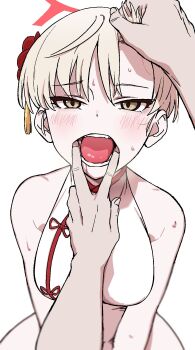 1girl blonde_hair blue_archive breasts chinese_clothes finger_in_another's_mouth halo highres large_breasts marina_(blue_archive) marina_(qipao)_(blue_archive) open_mouth osame short_hair simple_background tongue white_background yellow_eyes