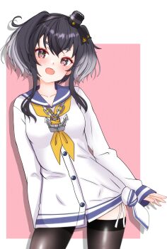 1girl absurdres anchor_symbol black_hair black_pantyhose blue_sailor_collar blush breasts brown_eyes cowboy_shot dress grey_hair hairband hat highres kantai_collection long_hair long_shirt long_sleeves looking_at_viewer neckerchief nitamako_(sakamalh) no_pants open_mouth pantyhose pink_background sailor_collar sailor_dress seamed_legwear shirt short_hair short_hair_with_long_locks side-seamed_legwear small_breasts smile smokestack_hair_ornament solo tied_dress tied_shirt tokitsukaze_(kancolle) white_background yellow_neckerchief