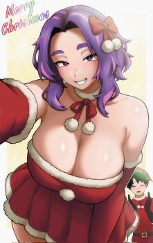 1boy 1girl boku_no_hero_academia breasts christmas commentary dress english_commentary evoltodraw green_hair hat highres lady_nagant large_breasts looking_at_viewer merry_christmas midoriya_izuku purple_hair santa_costume santa_hat smile