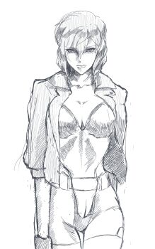1girl fufu_(fufuichi04) ghost_in_the_shell ghost_in_the_shell:_stand_alone_complex grey_outline greyscale highres jacket kusanagi_motoko leotard looking_at_viewer medium_hair monochrome open_clothes open_jacket outline short_hair solo straight-on strapless strapless_leotard thighhighs white_background