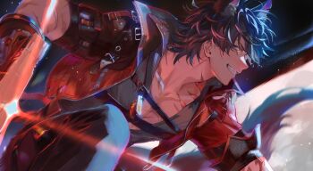 1boy animal_ear_fluff animal_ears arknights arknights:_endfield belt black_belt chest_belt commentary dynamic_pose english_commentary grey_pants grey_shirt grin gun handgun highres holding holding_gun holding_weapon jacket male_focus oyakorodesu pants red_eyes red_jacket scar scar_on_arm scar_on_chest shirt sleeve_cuffs smile solo tail teeth weapon wolf_boy wolf_ears wolf_tail wulfgard_(arknights)