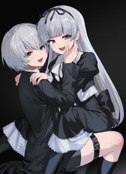 1boy 1girl absurdres androgynous belt black_dress black_jacket black_lagoon brother_and_sister commentary_request dress fangs gothic_lolita gretel_(black_lagoon) grey_eyes grey_hair hansel_(black_lagoon) highres jacket lolita_fashion long_hair looking_at_viewer shorts siblings smile thigh_belt thigh_strap twins yuiitsu