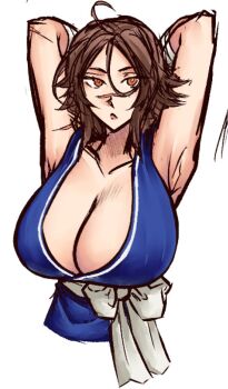 1girl ahoge bandaged_arm bandages bare_shoulders blue_shirt breasts brown_eyes brown_hair fate/grand_order fate_(series) huge_breasts looking_at_viewer moren_eh sash scar scar_on_arm scar_on_face scar_on_nose shirt sleeveless solo sugitani_zenjubou_(fate) white_background