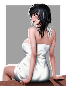 1girl ass black_hair blackcapbandit breasts grey_hair highres hololive hololive_english large_breasts long_hair multicolored_hair open_mouth shiori_novella sitting solo towel two-tone_hair virtual_youtuber wet wet_hair white_hair yellow_eyes