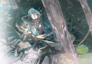 1girl a999212 absurdres animal_print aqua_dress aqua_gemstone aqua_hair aqua_nails bare_shoulders bottle bracelet braid chinese_commentary closed_mouth commentary coral_hair_ornament crystal cup double-parted_bangs dress drinking_glass earrings english_commentary fins fish_print floral_print flower flower_earrings folding_fan food gem gold_bracelet gold_earrings goldfish_print hagoromo hair_between_eyes hair_flower hair_ornament halter_dress halterneck hand_chains hand_fan head_chain head_fins highres holding holding_fan jewelry lily_pad long_hair long_hair_between_eyes looking_at_viewer looking_up mixed-language_commentary nail_polish object_floating_above_hand orange_eyes original partially_submerged plate raindrop_cake ripples shawl side_braid sleeveless sleeveless_dress solo tray upper_body very_long_hair water waterfall