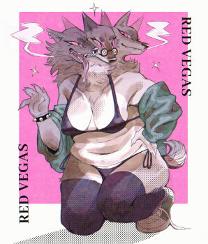 3girls animal_ears bikini black_bikini black_thighhighs bracelet breasts cerberus claws cleavage commentary conjoined darce_(wolfertinger666) english_commentary english_text face_piercing fangs fat fat_woman full_body furry furry_female glasses green_jacket green_shoes hand_on_own_hip highres jacket jewelry large_breasts luca_(wolfertinger666) multiple_girls navel nose_piercing nose_ring open_clothes open_jacket open_mouth original piercing pink_background pink_eyes round_eyewear sharp_teeth shoes slit_pupils sneakers snout spiked_bracelet spikes squatting stomach swimsuit tail teeth thick_thighs thighhighs thighs thorn_(wolfertinger666) tongue tongue_out white_background wolf_ears wolf_girl wolf_tail wolfertinger666