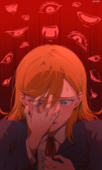 Rule 34 | 1girl, artist name, blue jacket, blush, clutching chest, commentary request, constricted pupils, disembodied eye, distress, gradient background, hand on own face, highres, jacket, long hair, love live!, love live! superstar!!, neck ribbon, open mouth, orange hair, ptsd, purple eyes, red background, red ribbon, ribbon, school uniform, shibuya kanon, shirt, sweat, swept bangs, white shirt, yuigaoka school uniform, yumayu