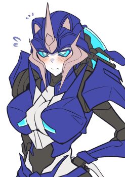 1girl absurdres animal_ears arcee arcee_(prime) blue_eyes blue_sclera blush breasts cat_ears colored_sclera embarrassed hands_on_own_hips helmet highres konro_yoyogei large_breasts simple_background transformers transformers_prime white_background