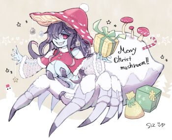 1girl @_@ arachne arthropod_girl arthropod_limbs artist_name bare_shoulders black_hair black_nails blue_skin box breasts candy candy_cane carapace cleavage colored_skin commentary_request detached_sleeves fangs fly_agaric food full_body gift gift_box grin hair_between_eyes hair_over_one_eye holding holding_gift insect_girl large_breasts long_hair looking_at_viewer merry_christmas monster_girl multiple_legs mushroom mushroom_girl mushroom_hat nakata_shizu navel original paid_reward_available parasite red_eyes sharp_teeth silk smile solo spider_girl spider_web standing stomach taur teeth wavy_hair wide_sleeves