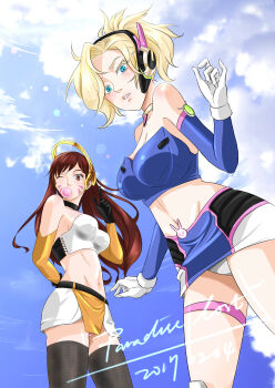 2017 2girls animal_print artist_request blonde_hair blue_eyes blush breasts brown_eyes brown_hair chewing_gum choker cloud cosplay costume_switch crop_top d.va_(overwatch) facial_mark gloves halo headphones long_hair long_sleeves looking_down mercy_(overwatch) multiple_girls navel overwatch overwatch_1 panties pink_panties ponytail rabbit_print race_queen skirt sky thighhighs underwear white_panties