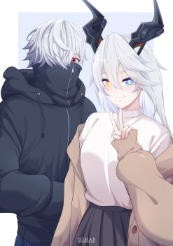 1boy 1girl black_hoodie black_skirt blue_eyes brown_coat closed_mouth coat commentary double-parted_bangs english_commentary grey_hair hair_between_eyes heterochromia high_collar highres hood hoodie horns joyous_(zenless_zone_zero) long_hair long_sleeves looking_at_viewer mechanical_horns off_shoulder open_clothes open_coat red_eyes septiawan_dms short_hair skirt smile sunbringer_(zenless_zone_zero) sweater turtleneck v white_sweater yellow_eyes zenless_zone_zero