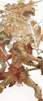 Rule 34 | 6+others, absurdres, armor, barding, blonde hair, cowboy shot, gold armor, halberd, helmet, highres, holding, holding polearm, holding sword, holding weapon, horse, katana, knee pads, long hair, multiple others, nslacka, open mouth, original, ornate armor, plume, polearm, rivets, sword, tassets, visor (armor), weapon