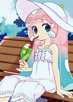 Rule 34 | 1girl, bare arms, bare shoulders, bench, blue hair, blunt bangs, blunt ends, cool summer getaway kawaii puniru, dress, drinking, food, gradient hair, green eyes, hat, hat ornament, highres, ice cream, ice cream float, liquid hair, long hair, looking at viewer, medium dress, monster girl, multicolored hair, official alternate costume, on bench, outdoors, park bench, pink hair, puniru (puniru wa kawaii slime), puniru wa kawaii slime, sitting, slime girl, slime hair, solo, sundress, tareme, tozaki, two-tone hair, white dress, white hat, wooden bench