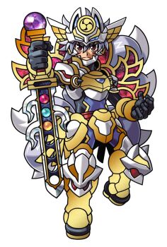 Rule 34 | 1boy, animal ears, animal helmet, armor, armored boots, belt, black bodysuit, black gloves, blue bodysuit, bodysuit, boots, fox boy, fox ears, fox tail, gloves, gold armor, grey hair, hair between eyes, harakawa mitsuhiro, holding, holding sword, holding weapon, kitsune, kyuubi, looking at viewer, mark under eye, multicolored armor, multicolored bodysuit, multiple tails, official art, red belt, red eyes, reverse grip, sai (shinrabanshou), shinrabanshou, short hair, solo, sword, tail, thick eyebrows, third-party source, transparent background, weapon, white armor