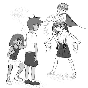 1girl 3boys absurdres aiming arms_at_sides brother_and_sister brothers cabronpr cape captain_spaceboy carrying closed_mouth commentary dark-skinned_male dark_skin english_commentary eyepatch greyscale hero_(faraway)_(omori) hero_(omori) highres holding_toy_gun kel_(faraway)_(omori) kel_(omori) mari_(faraway)_(omori) mari_(omori) missing_tooth monochrome multiple_boys omori one_eye_closed open_mouth playing shirt shoes short_hair short_sleeves shorts shoulder_carry siblings skirt sleeveless sleeveless_shirt smile socks speech_bubble standing sunny_(omori) sweat thighhighs thought_bubble toy_gun