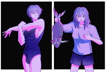1boy 1girl abs alternate_costume animal bare_shoulders black_background black_one-piece_swimsuit black_shorts blush border breasts caelus_(honkai:_star_rail) commentary cowboy_shot dual_persona english_commentary fingernails fish grey_hair hair_between_eyes hands_up holding holding_animal holding_fish honkai:_star_rail honkai_(series) long_hair looking_at_another looking_at_poses_to_draw_and_(meme) looking_at_viewer medium_breasts meme muscular muscular_male noriee404 one-piece_swimsuit open_mouth outside_border pectorals shirt short_hair short_sleeves shorts sidelocks simple_background smile stelle_(honkai:_star_rail) swimsuit t-shirt teeth thumbs_up trailblazer_(honkai:_star_rail) white_border white_shirt yellow_eyes