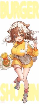 1girl absurdres alternate_costume animal_ears apron blush bone_hair_ornament braid braided_twintails breasts brown_eyes brown_hair brown_tail burger commentary_request dog_ears dog_girl dog_tail double-parted_bangs english_text extra_ears food framed_breasts french_fries frilled_apron frills hair_between_eyes hair_ornament hairclip hands_up highres holding holding_tray hololive inugami_korone jacket jersey_maid large_breasts long_hair looking_at_viewer low_twin_braids maid medium_breasts open_mouth outstretched_hand red_shorts roller_skates romaji_text shorts skates solo tail thigh_strap track_jacket tray twin_braids unconventional_maid underbust virtual_youtuber waist_apron waitress waving white_apron yellow_jacket yellow_shorts yun_bo_(yumbocchi) zipper_pull_tab