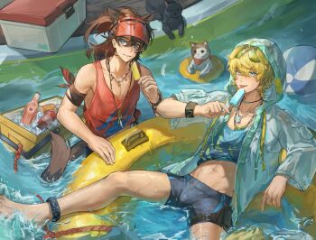 2boys abs afloat ahoge animal_ears arknights ball bandana bandana_around_arm barefoot beachball black_shorts black_streaks blonde_hair blue_eyes blue_shorts blue_vest bracelet brown_bandana brown_hair cat cat_boy cat_ears cat_tail chinese_commentary collarbone commentary_request cooler dog_tags drink eyewear_on_head fang feet food green-tinted_eyewear hair_between_eyes hand_up highres holding holding_food holding_popsicle hood hood_up hooded_jacket infection_monitor_(arknights) inflatable_toy jacket jewelry kristinacl15115 leg_up licking looking_at_viewer looking_to_the_side male_focus messy_hair midriff midriff_peek multiple_boys multiple_bracelets multiple_necklaces necklace pool poolside popsicle red_ribbon red_vest red_visor ribbon shorts smile stainless_(arknights) stainless_(beach_guard)_(arknights) sunglasses sweat tail teeth tequila_(arknights) thick_eyebrows thigh_harness three-quarter_sleeves tied_hoodie_strings tinted_eyewear tongue tongue_out vest visor_cap water water_cooler water_drop