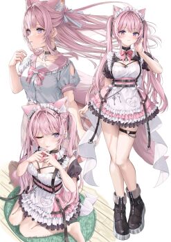 1girl absurdres animal_ears apron black_boots boots bow breasts cleavage closed_mouth dress floating_hair full_body hakui_koyori heart heart_o-ring highres hololive large_breasts long_hair maid maid_apron maid_headdress multiple_views o-ring o-ring_thigh_strap one_eye_closed pink_bow pink_dress pink_hair pink_sailor_collar purple_eyes sailor_collar school_uniform shirt short_sleeves sitting skirt smile standing tail thigh_strap tongue tongue_out virtual_youtuber wariza white_apron white_shirt wolf_ears wolf_girl wolf_tail yuge_(setsura)