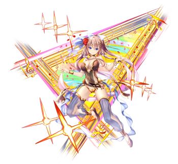 1girl absurdres bangle blue_eyes bracelet brown_hair dancer full_body hair_ribbon harem_outfit highres jewelry looking_at_viewer musical_note nadia_(taimanin_asagi) official_art ribbon sakuranbo second-party_source see-through_clothes see-through_legwear solo taimanin_(series) taimanin_rpgx treble_clef white_background