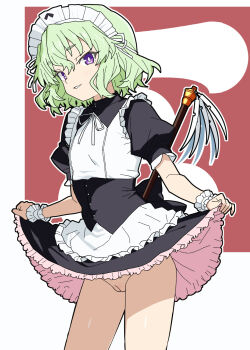 1girl apron black_dress cleft_of_venus clothes_lift dress dress_lift duster flat_chest green_hair highres looking_at_viewer maid maid_headdress matuo3232 mouri_teru no_panties parted_lips purple_eyes pussy rance_(series) sengoku_rance short_hair smile solo