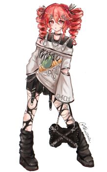 Rule 34 | 1girl, absurdres, akari (akariimia), bag, black choker, black shoes, black skirt, choker, commentary, drill hair, emo fashion, full body, hair ornament, hairclip, hand in pocket, handbag, highres, jewelry, kasane teto, looking at viewer, multiple necklaces, necklace, off-shoulder shirt, off shoulder, pantyhose, platform shoes, red hair, shirt, shoes, signature, skirt, sleeves past fingers, sleeves past wrists, solo, torn clothes, torn pantyhose, twin drills, undershirt, utau, white background