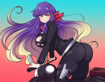 Rule 34 | 1girl, ass, bandana, belt, biker clothes, bikesuit, black bodysuit, blonde hair, blue background, bodysuit, breasts, center opening, cleavage, commentary, cross-laced clothes, english commentary, feet out of frame, gradient background, gradient hair, grey belt, grin, hijiri byakuren, large breasts, long hair, looking at viewer, looking back, missandydandy, motor vehicle, motorcycle, multicolored hair, on motorcycle, orange background, purple hair, red bandana, smile, solo, touhou, turbo byakuren, very long hair, yellow eyes