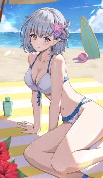 1girl absurdres ball beach beachball beta_(kage_no_jitsuryokusha_ni_naritakute!) bikini blue_eyes blue_sky braid breasts cleavage cloud day elf front-tie_bikini_top front-tie_top half_up_braid highres horizon kage_no_jitsuryokusha_ni_naritakute! large_breasts looking_at_viewer lotion matsumoto_yuu ocean outdoors planted planted_surfboard pointy_ears purple_hair short_hair sitting sky solo sunscreen surfboard swimsuit white_bikini yokozuwari