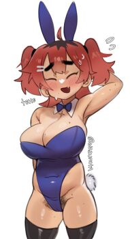 1girl absurdres ahoge animal_ears arm_behind_back arm_behind_head artist_self-insert black_hair black_thighhighs blush breasts chest_tattoo closed_eyes cowboy_shot detached_collar embarrassed english_text excessive_pubic_hair fake_animal_ears fang female_pubic_hair highres large_breasts mole mole_on_breast mole_on_crotch mole_on_thigh mole_under_eye mole_under_mouth multicolored_hair nita_(nazunita) original playboy_bunny plump pubic_hair pubic_hair_peek rabbit_ears rabbit_tail red_hair smile sweatdrop tattoo thick_eyebrows thighhighs twitter_username two-tone_hair two_side_up white_background wing_collar