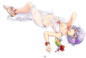 Rule 34 | 1girl, akatsuki no kiseki, bikini, blue eyes, bracelet, breasts, cleavage, eiyuu densetsu, flower, grey hair, hibiscus, jewelry, jpeg artifacts, lying, medium breasts, navel, official art, on back, open mouth, red flower, sandals, sarong, sen no kiseki (series), sen no kiseki i, sharon kreuger, short hair, simple background, solo, swimsuit, third-party source, white background, white bikini