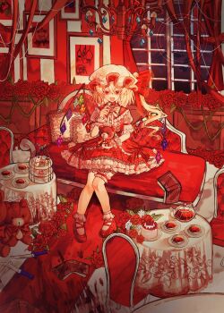 Rule 34 | 1girl, :d, alternate costume, blonde hair, blood, blood on ground, book, cake, commentary, crystal wings, cup, fang, flandre scarlet, flower, food, frills, full body, hat, highres, holding, holding stuffed toy, indoors, knife, looking at viewer, medium hair, mob cap, open mouth, red eyes, red flower, red rose, red shoes, red skirt, rose, shirt, shoes, short sleeves, side ponytail, sitting, skin fang, skirt, smile, socks, solo, stuffed animal, stuffed toy, teacup, teapot, thigh strap, touhou, ussame, watermark, white shirt, white socks, window, wings