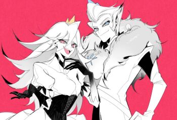 1boy 1girl andrealphus_(helluva_boss) blue_eyes brother_and_sister demon_boy demon_girl dress hair_slicked_back hand_on_own_hip hellaverse helluva_boss humanization long_hair looking_at_viewer pink_eyes siblings spot_color stella_(helluva_boss) zhu_xing_pupupu