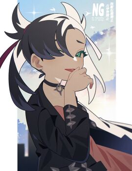 1girl ame_akira asymmetrical_bangs asymmetrical_hair black_choker black_hair black_jacket choker cloud dress green_eyes hair_ribbon highres jacket long_sleeves looking_at_viewer marnie_(pokemon) nintendo open_clothes open_mouth outdoors pink_dress pokemon pokemon_swsh red_ribbon ribbon sky smile solo twintails undercut upper_body