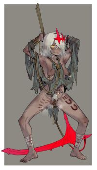 Rule 34 | 1girl, absurdres, anal beads, anal hair, anus, arms behind head, arms up, blood, blood on clothes, blush, body writing, branded, breasts, closed mouth, commentary, dark-skinned female, dark skin, ebonyxh, english commentary, eyes visible through hair, facial scar, female pubic hair, freckles, full body, grey background, hair over one eye, highres, holding, holding scythe, nipple piercing, nipple rings, nipples, original, piercing, pointy breasts, pregnancy mark, pubic hair, pussy, pussy piercing, rags, ringed eyes, rope, rope around neck, scar, scar across eye, scar on arm, scar on cheek, scar on chest, scar on face, scar on leg, scar on neck, scythe, sex toy, short hair, simple background, small breasts, eylin eyla (ebonyxh), spread legs, squatting, steaming body, sweat, tally, torn clothes, uncensored, white background, white hair, white pubic hair, yellow eyes