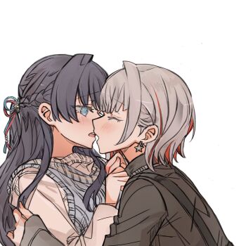 2girls black_shirt blue_eyes blue_sweater_vest blush braid closed_eyes collared_shirt commentary earrings half_up_braid highres imminent_kiss jewelry junjun_(kimi-la) link!_like!_love_live! long_hair love_live! multiple_girls murano_sayaka open_mouth purple_hair red_streaks shirt short_hair simple_background suspenders sweater_vest white_background white_hair white_shirt yugiri_tsuzuri yuri