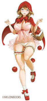 1girl apple basket blue_eyes blush breasts brown_hair camisole cape cleavage commentary_request copyright_notice curvy double-parted_bangs food frilled_thigh_strap fruit full_body girly_running groin holding holding_basket hood hood_up hooded_cape kitiroku large_breasts lingerie little_red_riding_hood_(fairy_tale) little_red_riding_hood_(fairy_tale_character) looking_at_viewer low_twintails medium_hair melonbooks multicolored_hair narrow_waist navel nightgown open_mouth original panties pink_camisole pink_nightgown red_cape red_shoes running_towards_viewer shoes simple_background smile socks solo standing standing_on_one_leg thigh_strap twintails two-tone_hair underwear updo w_arms walking_towards_viewer white_background white_panties white_socks wide_hips